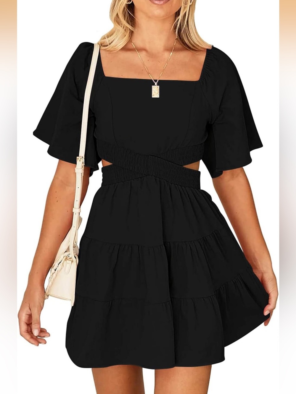 Women’s Black Square Neck Cutout Tiered Mini Dress